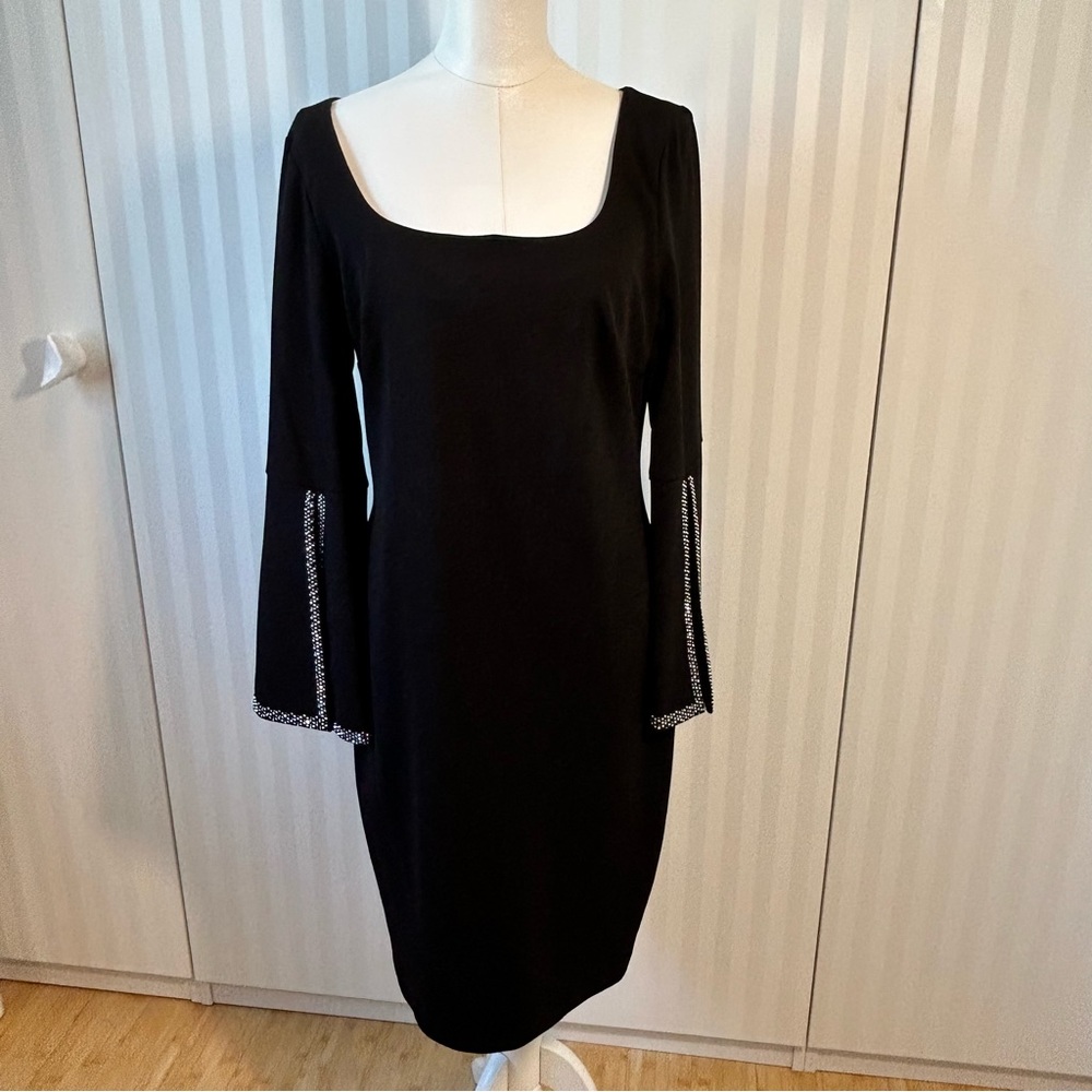 Calvin Klein Black, Trumpet, Rhinestone, Split-Sleeve Midi Dress